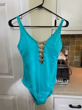 Bleu Rod Beattie Turquoise One-Piece Swimsuit with Gold Lattice Detail